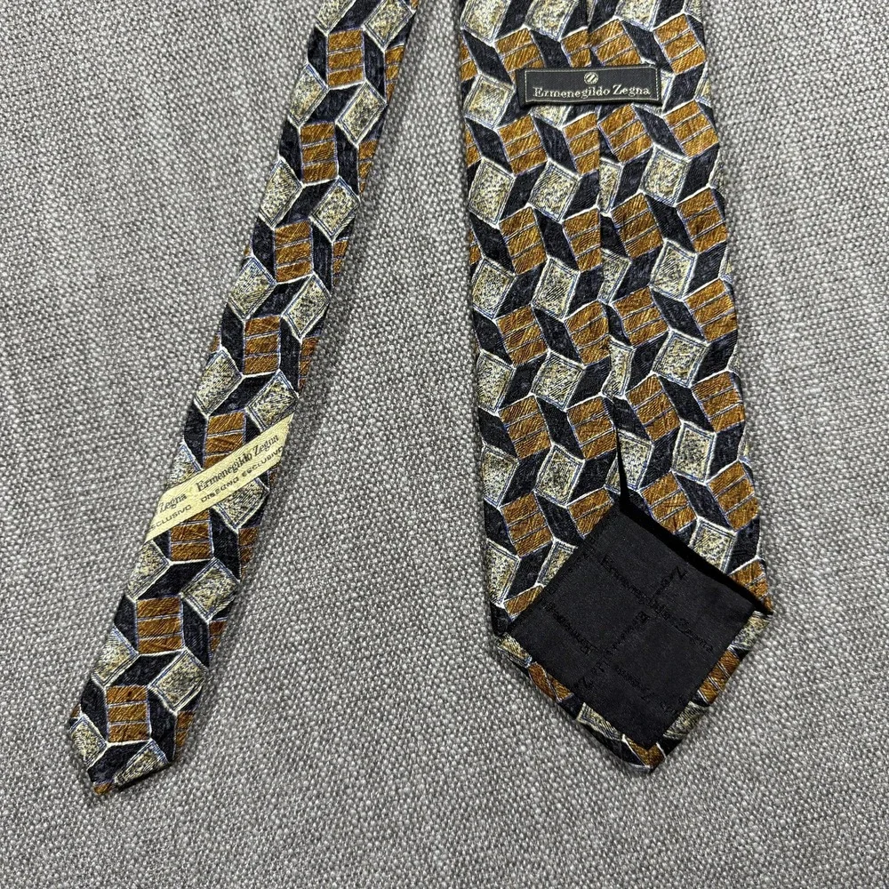 Ermenegildo Zegna Tie Mens One Size Brown Geometric Silk Made In Italy‎ Jacquard